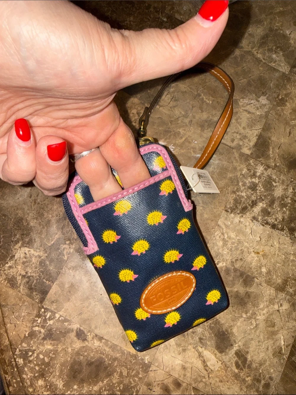 Retired Fossil Navy Phone Wristlet with Yellow Hedgehog Print and Pink Trim